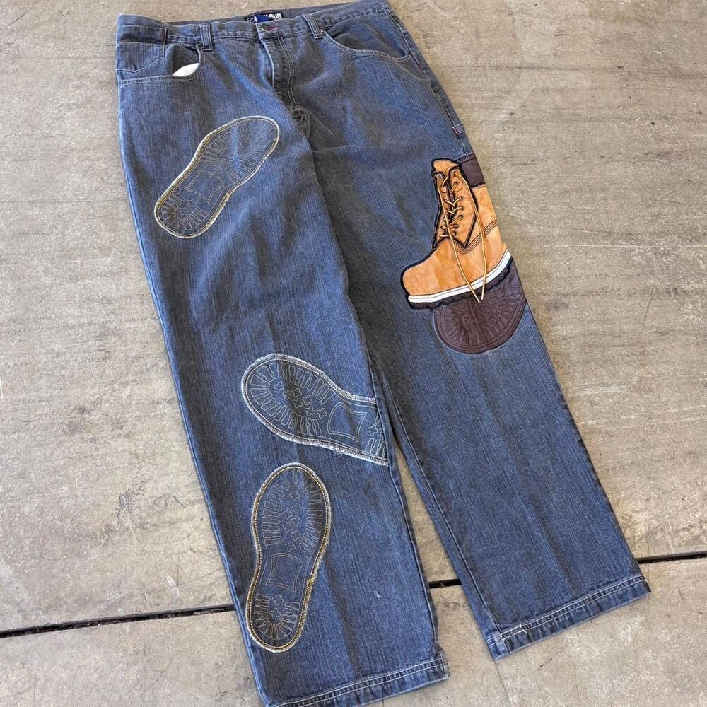 Vintage 00s Y2K Raw Blue Timberland Boots Baggy Denim Jeans tagged a 40x33